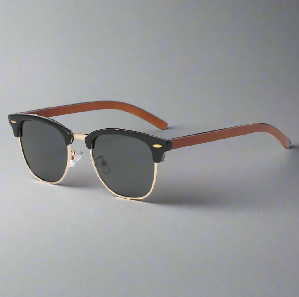 (NEW) Dark 60's Half Wood Clubmaster Sunglasses