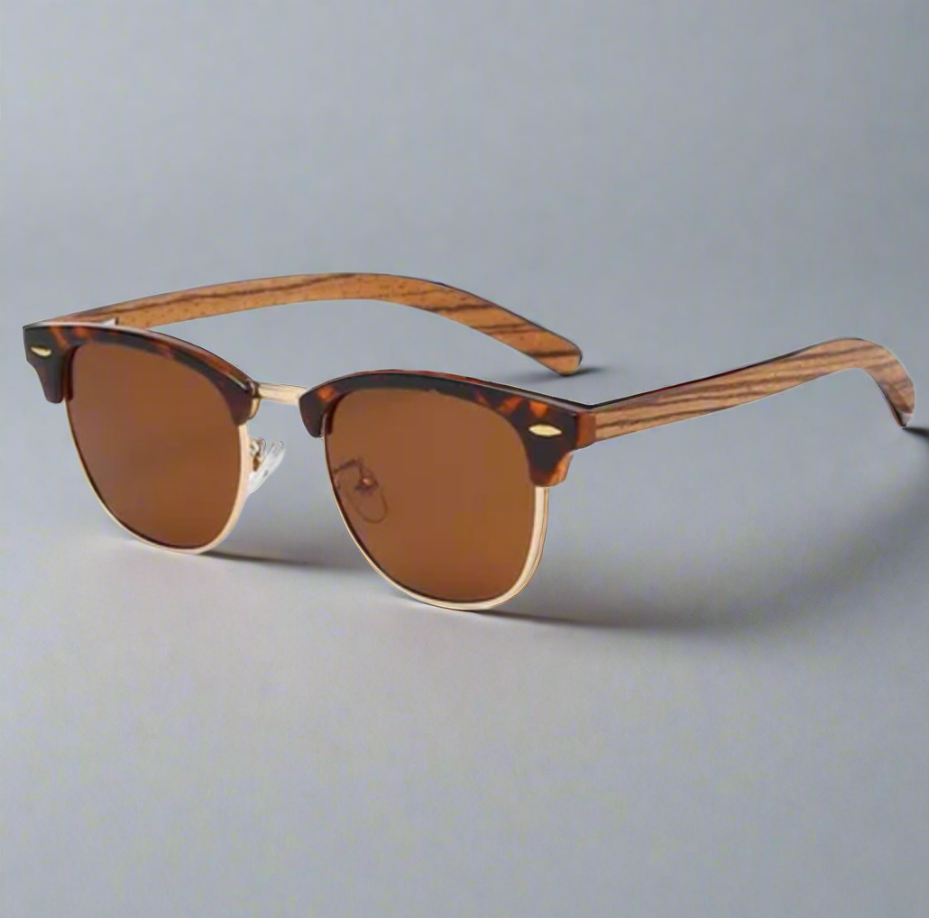 (NEW) Dark 60's Half Wood Clubmaster Sunglasses
